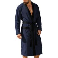 Vyriškas gofruoto audinio chalatas, ilgomis rankovėmis, V formos iškirpte, kimono stiliaus pižama su diržu ir kišenėmis 2XL tamsiai mėlyna spalva