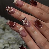 24Pcs Leopard Print French Tip Press On Nails With Flower Pattern Reusable Fake Nails Stick On Manicure Tips brown