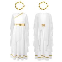 Kids Girls Halloween Greek Costume Sleeveless Shawl Patchwork Flowy Tulle Dress with Head Wreath Crown for Theme Party Dress Up 9-10 Years auksas