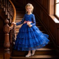 Girls Princess Tulle Dress Kids Birthday Party Performance Gown 150cm mėlyna