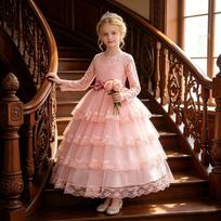 Girls Princess Tulle Dress Kids Birthday Party Performance Gown 170cm šviesiai rausvos spalvos