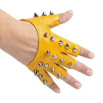 Solid Color Half-palm Gloves PU Leather Patent Leather Gloves Lolita Rivet Gloves  Women geltona