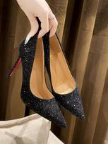 New Red Sole Super Pointed High Heels Women's Flash Diamond Thin Heel French Sequined Night Show Professional Catwalk Shoes 43 black