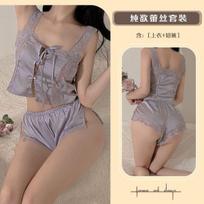 Pure desire style lingerie sexy square neck lace-up ice silk pajamas summer thin sexy split suspender pajamas women One size fits all šviesiai violetinė spalva