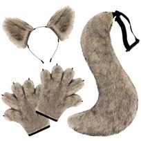 Animal Foxes Wolf Costume Accessories Wolf Ear Headband Tail Bowtie Nose and Paws Gloves Halloween Cosplay Party Props šviesios kavos spalvos