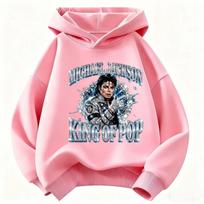 Šauni Michael Jackson spaudinio vaikiška džemperis su gobtuvu, šilta megztinė berniukams ir mergaitėms (2026 m. rudens/žiemos retro popo ikonos grafinis viršus 160 pink