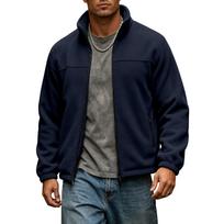 Men's Full Zip Fleece Jacket Stand Collar Long Sleeve Casual Warm Lightweight Outdoor Coat with Zipper Pockets M tamsiai mėlyna spalva