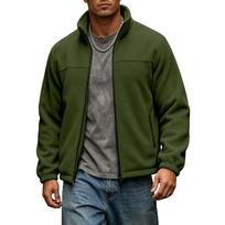 Men's Full Zip Fleece Jacket Stand Collar Long Sleeve Casual Warm Lightweight Outdoor Coat with Zipper Pockets L armijos žalia spalva