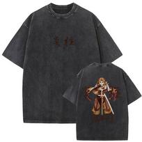 Washed Vintage Anime Demon Slayer Kokushibo & Tsugikuni Yoriichi Graphic T-shirts Men Women Cartoon Oversized T Shirts XL black