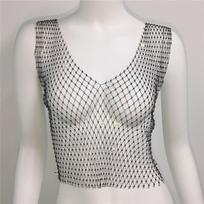 New Sexy Mesh Crop Tops For Women Summer Rhinestones Fashion Party Club See Through Fishnet Tank Hollow Out Backless Top One Size white