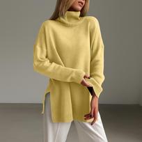 Women's Fashion Casual High Collar Hem Split Long Sleeve Sweater Top L geltona