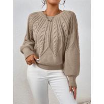 Women Crew Neck Cable Knit Sweater Long Sleeve Loose Pullover Jumper Soft Casual Knit Top For Autumn Winter Daily Wear XL gray