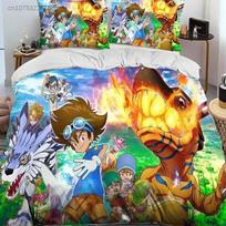 Anime Digimon Adventure Monster Bedding Set Duvet Cover Bed Set Quilt Cover Pillowcase Comforter King Queen Size Boys Adult 135x200cm blue