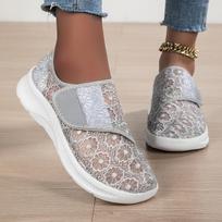 Women Floral Lace Mesh Sneakers Adjustable Velcro Strap Thick Chunky Platform Breathable Lightweight Non Slip Casual Summer Walking Shoes 39