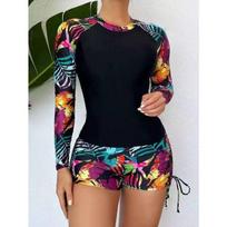 Printed Long-sleeved Split Swimsuit Women's Drawstring Conservative Anti-boxers Sun Surf Suit Wetsuit Beach Swimsuit XXL black