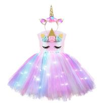 Girls Rainbow Unicorn Light Up Tutu Dresses for Kids Birthday Party Sequins Glowing Knee Length Dress Halloween Animal Costumes M 3-4T white