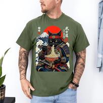 Black Cat Samurai Eats Ramen Funny Japanese Feline Warrior Unisex T-Shirt M black