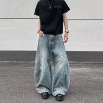 American Inspired Washed Deconstructed Baggy Wide-Leg Floor-Length Trousers for Men L tamsiai mėlyna spalva