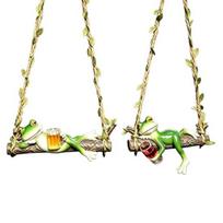 Weatherproof Patio Yard Decoration 2Pcs Swing Frog Garden Statue with Hemp Rope, Hanging Ornament Beer/Wine Outdoor for Tree Decor, Weather Resistant A beige