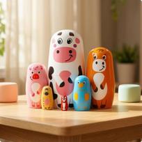 Cow Nesting Doll Cartoon with Motif Cute Wooden Animal Figurines for Kids, brown