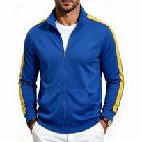 Men's Stand Collar Full Zip Track Jacket, Long Sleeve Side Contrast Striped Casual Sweatshirt Coat with Front Pockets XXL blue