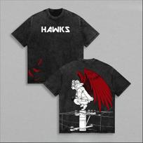 My Hero Academia Hawks T-shirt Anime Printed Vintage Washed T Shirt Men Clothing Summer Casual Short Sleeve Cotton Tees Clothes 2XL black