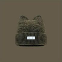 Women's Winter Cat Ear Beanie, Warm Plush Knit Hat with Letter Patch, Cute Casual Cold Weather Hat for Students, Couples & Outdoor Wear black