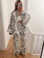 2024 Euro-American Fashion Casual Print Long Sleeve Shirt & Pants Women's Two-Piece Set gray