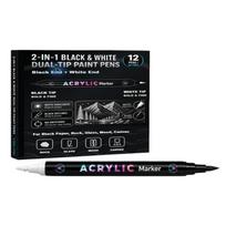 Double Color Acrylic Paint Markers Black and White Acrylic Marker Set, 12 Count for Dark Paper Rock Glass Wood Canvas, Contrast Art Supplies 1 gray