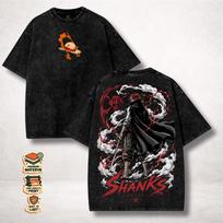 2026 One Piece Shanks Red Hair Pirate King T-Shirt Men Women Vintage Washed Black Graphic Tee Back Print Anime Streetwear M black