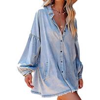 Women's Denim Shirt Dress with Pockets Loose Fit Casual for Fall XXL šviesiai mėlyna spalva