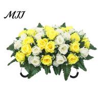 Long-lasting Memorial Flowers Artificial Cemetery Headstone Flower Saddle 34-Head Realistic UV-Resistant Fake Outdoor Bouquet Silk Rose Tombstone yellow
