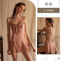 Sexy underwear Sexy bow lace perspective suspender nightdress Summer ice silk backless hot women's pajamas One size fits all brown
