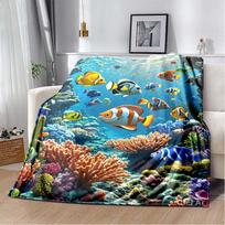 Cute Cartoon Clownfish Flannel Throw Blanket, Underwater Coral Reef Print, Soft Warm Fleece Blanket for Kids Bedroom Sofa Decor 80cm x 120cm blue