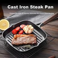 PAKCHOICE Steak Frying Pan Breakfast Cast Iron Skillet Non-Coated Flat Pan 23cm Compatible with Gas Stove and Induction Cooker