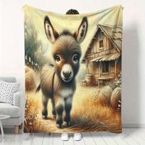 Charming Donkey & Rustic Cabin Print Flannel Blanket - Soft Warm All-Season Throw for Sofa, Bed, Office, Camping - Cozy Home Decor with Durable Easy-C 75X95CM beige
