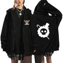 One Piece Brook Jolly Roger Zip Hoodie, Straw Hat Logo & Back Brook Soul King Skull with Top Hat Cane Personal Flag, Oversized Anime Zip-Up M juoda
