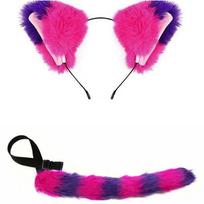 Cat Ear Headband With Tail Collar Set Cosplay Costume Accessory Anime Girl Party Outfit Purple 2-piece Set pink