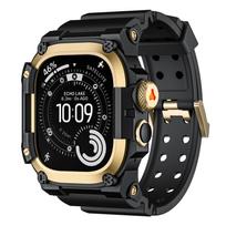 Tvirtas integruotas dirželis su dėklu Apple Watch Ultra 3/2/1 49mm Sportinis silikoninis dirželis su metaliniu buferio dangteliu iWatch Ultra Ultra 1/2/3 49mm auksas/juoda