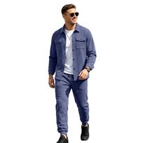Autumn Men Solid Color Two Piece Suit Lapel Collar Button Shacket Suede Jacket Elastic Drawstring Jogger Pants Casual Streetwear Matching Tracksuit XL tamsiai mėlyna spalva