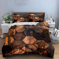 3Pcs Wood Hexagon Bedding SetBrown Wooden Geometric Pattern Print Duvet Cover + 2 PillowcasesRustic Natural Style for Bedroom 160*200cm/63x79in Single/Twin 3pcs