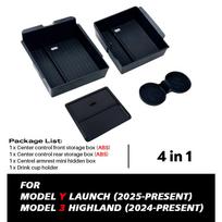 for Tesla Model Y Juniper 2026 Launch Model 3 Highland 2024 Console Armrest Storage box Organizer Flocking ABS with silicone pad