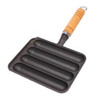 Sausage Grill Pan Cast Iron 4 Slot Sausage Mold Hot Dog Grill Pan with Wooden Handle for Cooking Indoor Outdoor Use L black