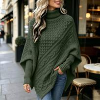 Women's Cable Knit Sleeve Sweater High Neck Cape Knit Pullover Top XXL gray