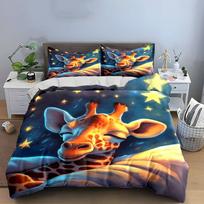 Cute Sleeping Giraffe Starry Night Sky Bedding Set 3pcs, Cartoon Animal Star Soft Kids Duvet Cover,king queen single double,Gift AU Single 140X210cm&set gray