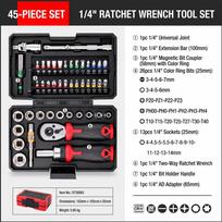 TINSOL 45PCS 1/4 Inch Drive Ratchet Screwdriver Socket Bit Set 72 Tooth CR-V Magnetic Bit Driver Auto Home Repair Tool Kit Case black