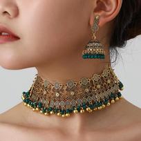 Indian retro ancient gold red bead bell choker neck chain, earrings ethnic style jewelry set brown