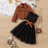 Girls Corduroy Coat Dress Set Two Pieces Long Sleeve Kids 4-5Y juoda
