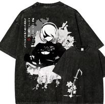 Vintage Washed Nier Automata T Shirt 2b Yorha Double Sided Graphic Cotton Crew Neck Short Sleeve Unisex Oversized Streetwear Tee S black