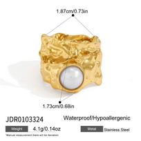 Uworld Classic Hammer Texture With Imitation Pearl Wide Open Ring For Women 18K Gold Plated Stainless Steel Rings Jewelry Gifts beige